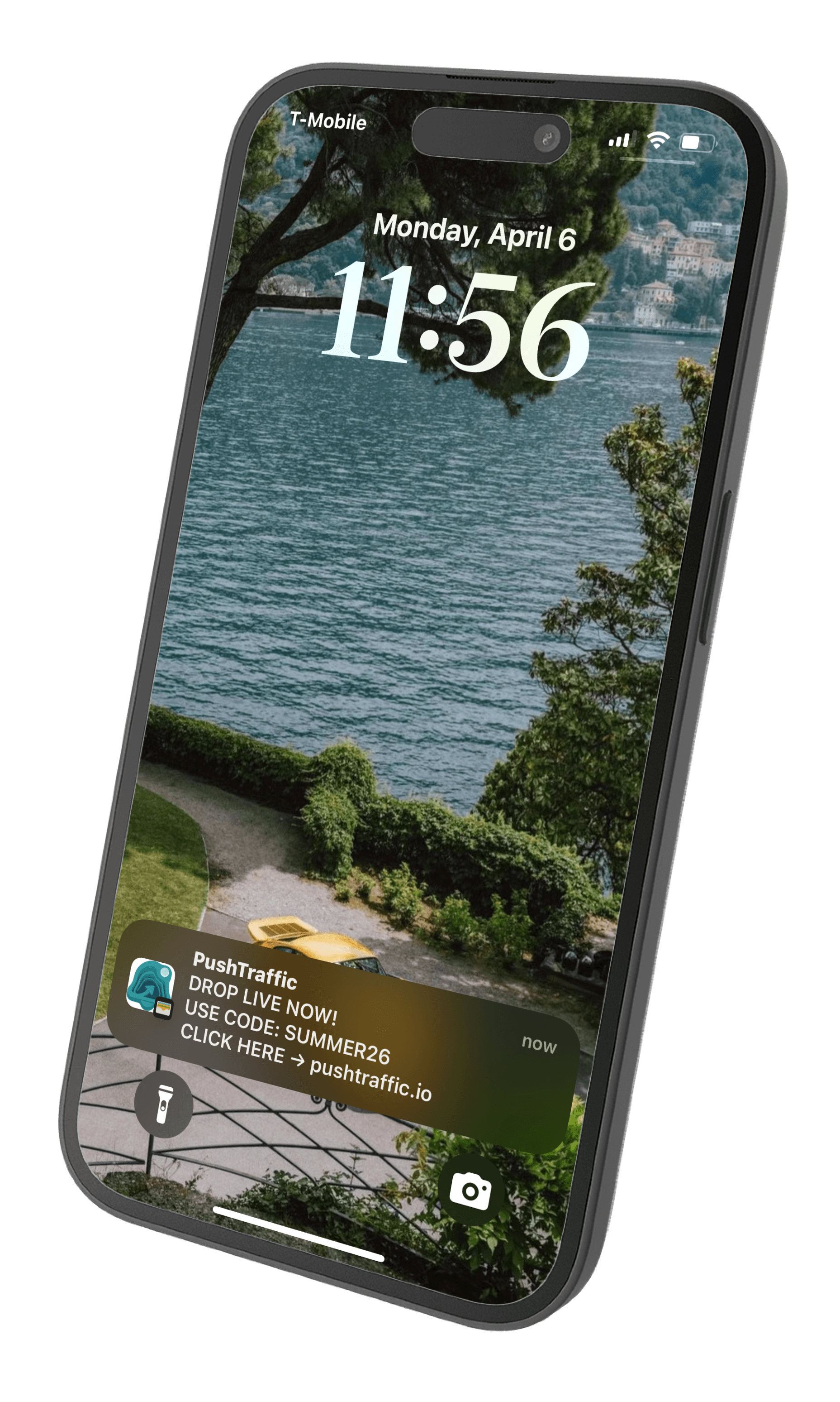 iPhone lock screen with a PushTraffic push notification: drop live, discount code, and link